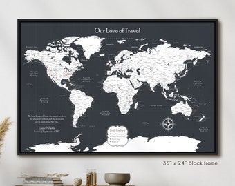 Personalized World Map, Custom Push Pin Map on Canvas, Travel Gift for Him and Her, Travel Map of the World Framed, Adventure Couple Gift