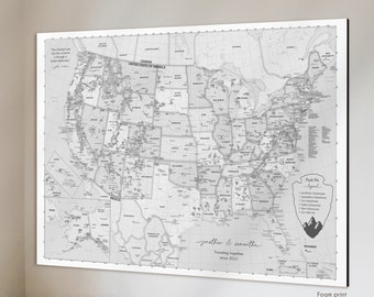 National Park Map for Couples, Framed United States National Parks, National Park Art Canvas, Black and White US Push Pin Map Personalized