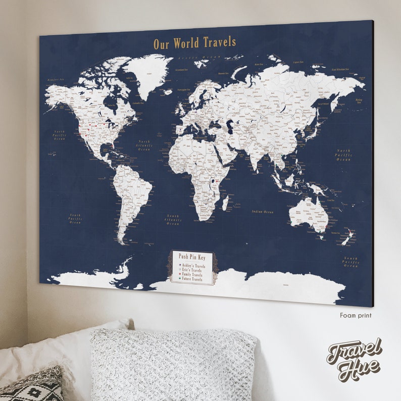 World Map, Push Pin Map of the World, Travel Map, Push Pin World Map, Push Pin Travel Map, Personalized Christmas Gift for Him, Gift for Men Foam print