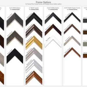 May include: A chart showing different frame options for framed prints, framed canvas, and hanging canvas. The chart shows different frame widths and styles, including wide, rustic, beveled, thin, and floater frames. The chart also shows different colors, including black, espresso, gray, and walnut.