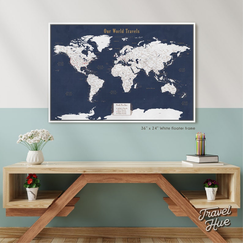 World Map, Push Pin Map of the World, Travel Map, Push Pin World Map, Push Pin Travel Map, Personalized Christmas Gift for Him, Gift for Men White Floater Frame