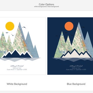 May include: A wedding invitation with a mountain range design. The mountains are made of a map with a blue and white color scheme. The sun is yellow in the white background version and orange in the blue background version. The text reads "Hillary & Michael Adventures Await Dayton Beach, FL - September 4, 2020".