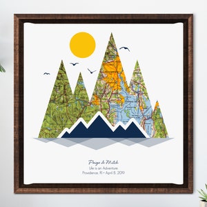 May include: A map of Providence, Rhode Island, is used to create a mountain range design. The mountains are blue, green, and yellow. The text "Paige & Mitch, Life is an Adventure, Providence, RI - April 8, 2019" is at the bottom of the image.