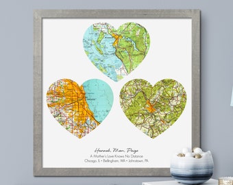 Three Heart Atlas Maps, Christmas Gift for Mom from Daughter, Mothers Day Gift for Mom from Son, Birthday Gift for Mom, Grandma Gift Ideas