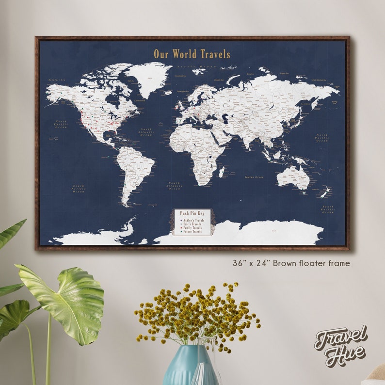 World Map, Push Pin Map of the World, Travel Map, Push Pin World Map, Push Pin Travel Map, Personalized Christmas Gift for Him, Gift for Men Brown Floater Frame
