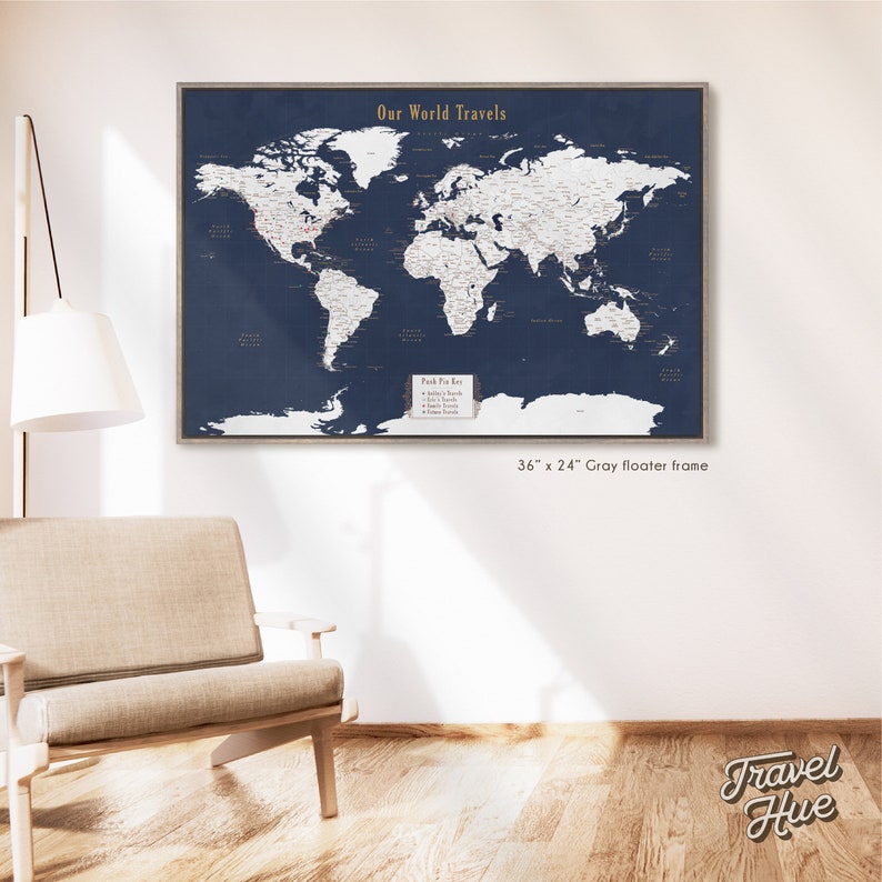 World Map, Push Pin Map of the World, Travel Map, Push Pin World Map, Push Pin Travel Map, Personalized Christmas Gift for Him, Gift for Men Gray Floater Frame