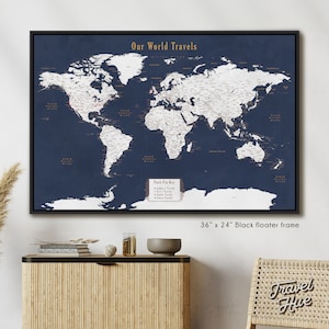 World Map, Push Pin Map of the World, Travel Map, Push Pin World Map, Push Pin Travel Map, Personalized Christmas Gift for Him, Gift for Men Black Floater Frame