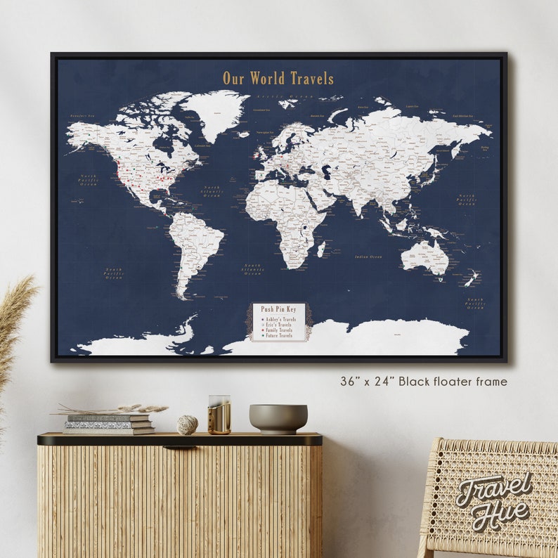 World Map, Push Pin Map of the World, Travel Map, Push Pin World Map, Push Pin Travel Map, Personalized Christmas Gift for Him, Gift for Men Black Floater Frame