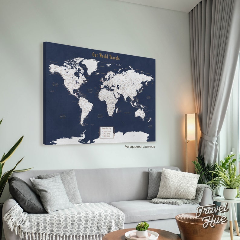 World Map, Push Pin Map of the World, Travel Map, Push Pin World Map, Push Pin Travel Map, Personalized Christmas Gift for Him, Gift for Men Wrapped canvas