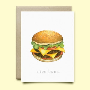 Carte de vœux Burger « Nice Buns"| Carte saint Valentin | Carte d’anniversaire | Carte aquarelle | Just Because Card - France | Amour