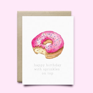 Carte de vœux Donut « Joyeux anniversaire avec des pépites sur le dessus » | Carte d'anniversaire | Carte aquarelle | Carte drôle| Carte de beignet | Carte d'anniversaire drôle