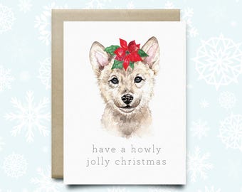 Wolf Christmas Card  "Howly Jolly" | Holiday Card | Watercolor Card | Funny Card | Wolf Card | Christmas Gift | Seasonal Card