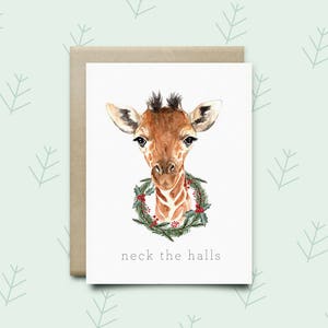 Carte de Noël girafe « Neck The Halls » | Carte vacances | Carte aquarelle | Carte drôle | Carte girafe | Cadeau de Noël | Carte saisonnière