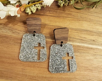 Square Cross Earrings - Silver Glitter