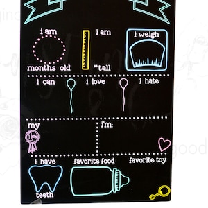 LEES DE BESCHRIJVING! Milestone-krijtbord, dubbelzijdig, van maanden tot jaren oud op de achterkant. Kunstwerk van Constance & Cole, Growth Chart