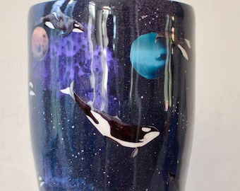 Killer Whales in Space, Orca Whales in Space Stainless Steel Insulated Tumbler, Available in a variety of sizes, Space Orcas