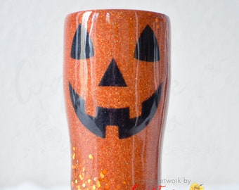 Vaso con purpurina de Halloween con la imagen de Jack-O-Lantern sonriente. *¡Disponible en varios tamaños! Vaso con purpurina navideña, vaso de Halloween.