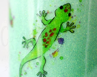 Waterkleurbeker gekko, roestvrijstalen beker, handgeschilderde gekko's, hagedissen, kikkers, tropisch, glitterbeker, meerdere maten