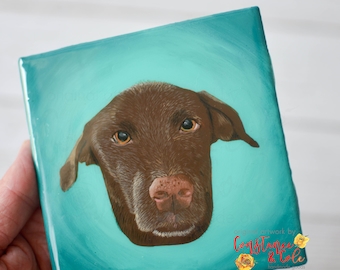 Custom Hand Painted Pet Portraits on a 4 x 4 Coaster, Cork Back
