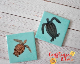 Hand Painted Sea Turtle Ceramic Tile Coasters, Set of 2