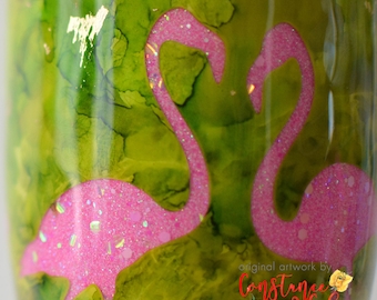 Flamingo Peek a Boo Pink Glitter Tumbler, Multiple Shapes and Sizes Available. One of a Kind, Add a Name or a Quote, Constance and Cole