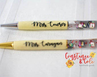Teacher Back to School Personalized Floating Retractable Pen, Custom Teacher Gift, Floating Pencil, Floating Apple, Glittered or Unglittered