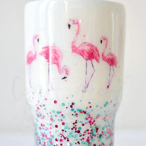 Let's Be Flamingos!  Flamingo themed Stainless Steel Insulated Tumbler with white & chunky glitter! Tropical Tumbler, Flamingo Tumbler