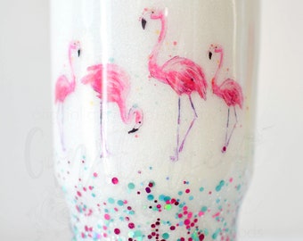 Låt oss bli flamingos! Isolerad mugg i rostfritt stål med flamingotema, vitt och tjockt glitter! Tropisk mugg, flamingomugg
