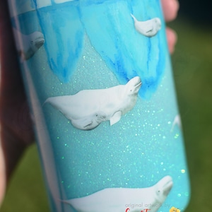 Arctic Beluga Whale with Hand painted Glaciers, Glitter Tumbler, Arctic Tumbler, Beluga Gift, Beluga Whale Gift, *Available in many sizes*