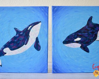 Hand Painted Orca Killer Whale Acrylic Paintings - You will receive THESE TWO paintings, Ocean, Orca, Killer Whale, Ocean Mammal