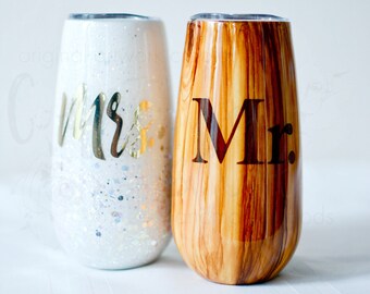 Mr. & Mrs. 6oz Stainless Steel Champagne Flutes Perfect for your Wedding or Anniversary