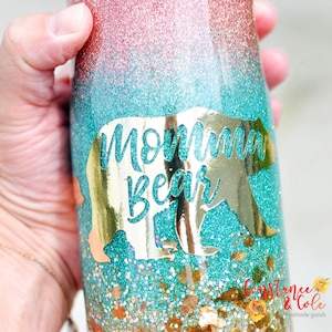 Momma Bear, Mama Bear, Tri Colored Glitter Tumbler OR Water Bottle (select size), Gold Foil, Gold Flake, Chunky Glitter, Gift for Mom