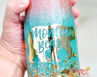 Momma Bear, Mama Bear, Tri Colored Glitter Tumbler OR Water Bottle (select size), Gold Foil, Gold Flake, Chunky Glitter, Gift for Mom