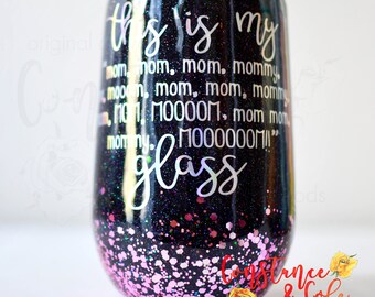 Det här är min mamma, mamma, mamma, mamma, MAMMA vinglas, rostfritt stål, glittrat, isolerat vinglas, present till mamma, present till henne, mors dag