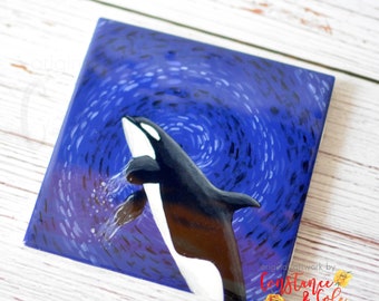 Orca Killer Whale Hand Painted 4" by 4" Ceramic Coaster, Handmade, Hand Painted, Toothed Whale, Pacific Northwest, Puget Sound,
