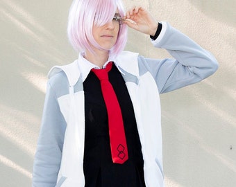 May include: A person wearing a white jacket with a black skirt and a red tie with a black design. The person has pink hair and is wearing glasses.