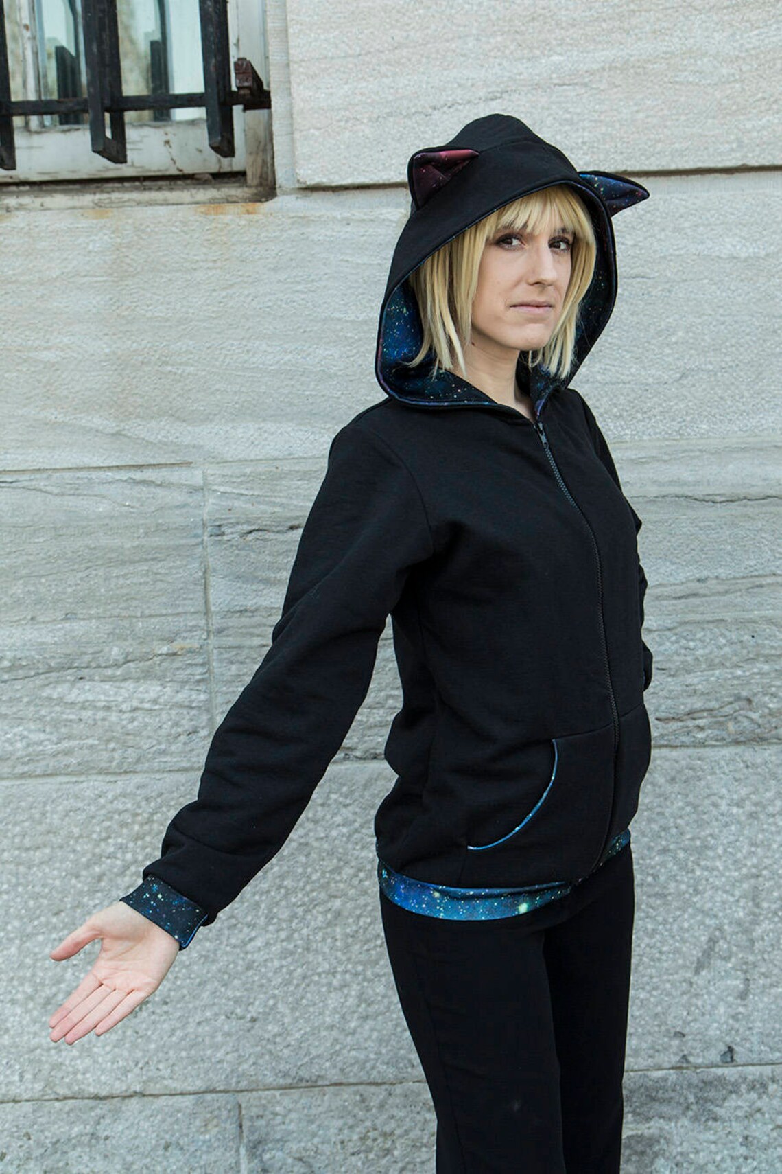 Space Cat Print Women's Zip Up Hoodie