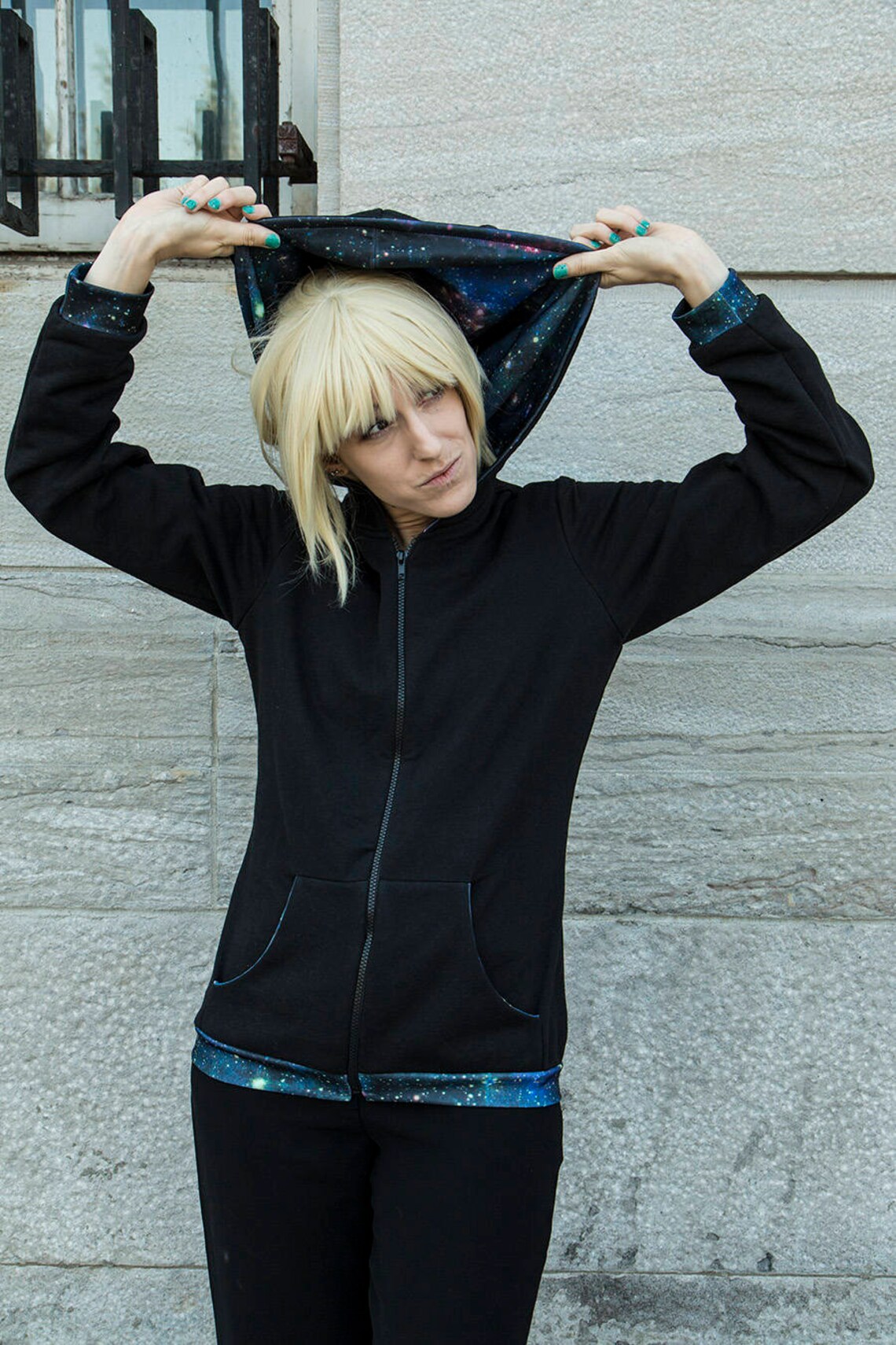 Space Cat Print Women's Zip Up Hoodie main image 1