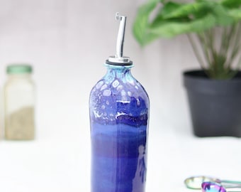 Blue and Purple Olive Oil Dispenser: Handmade Ceramic Cruet, Vinegar Decanter