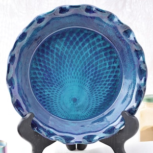 Handmade Ceramic Pie Dish or Pie Pan. 9-1/2" Dia, 1-1/2" Deep, Dark Blue with Turquoise Pattern. Oven & Dishwasher Safe.