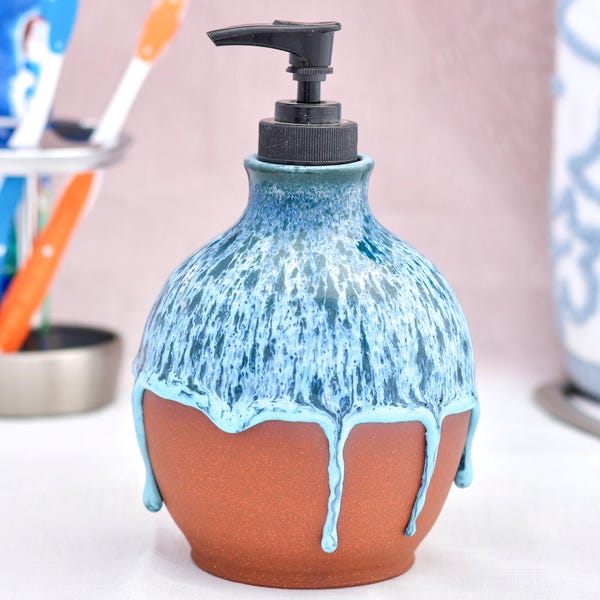 Handmade Ceramic Soap Dispenser | Streaky Blue & Green | Rustic Stoneware Pottery Lotion Pump