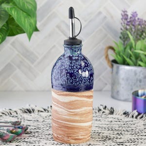 Blue, Turquoise, and Natural Clay Agateware Olive Oil Dispenser Olive Oil Bottle Vinegar Bottle Oil Cruet