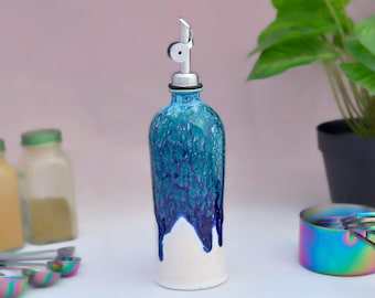 Dispensador de aceite de oliva verde, azul y blanco: aceitera de cerámica hecha a mano