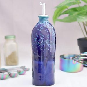 Handmade Ceramic Olive Oil Dispenser | Blue and Green Spotted Glaze Stoneware Cruet, Vinegar Bottle Decanter | Kitchen Gift