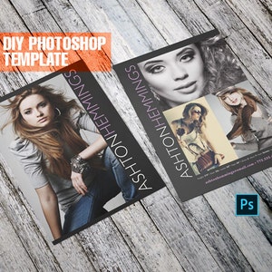 Op de afbeelding: Twee promotieflyers met foto's van vrouwen, met de tekst "ASHTON HEMMINGS" in wit op een zwarte achtergrond. De flyers liggen op een verweerd houten oppervlak. Eén flyer heeft de tekst "DIY PHOTOSHOP TEMPLATE" in oranje.