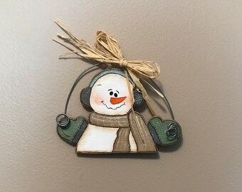 Wooden Snowman on a Wire Ornament