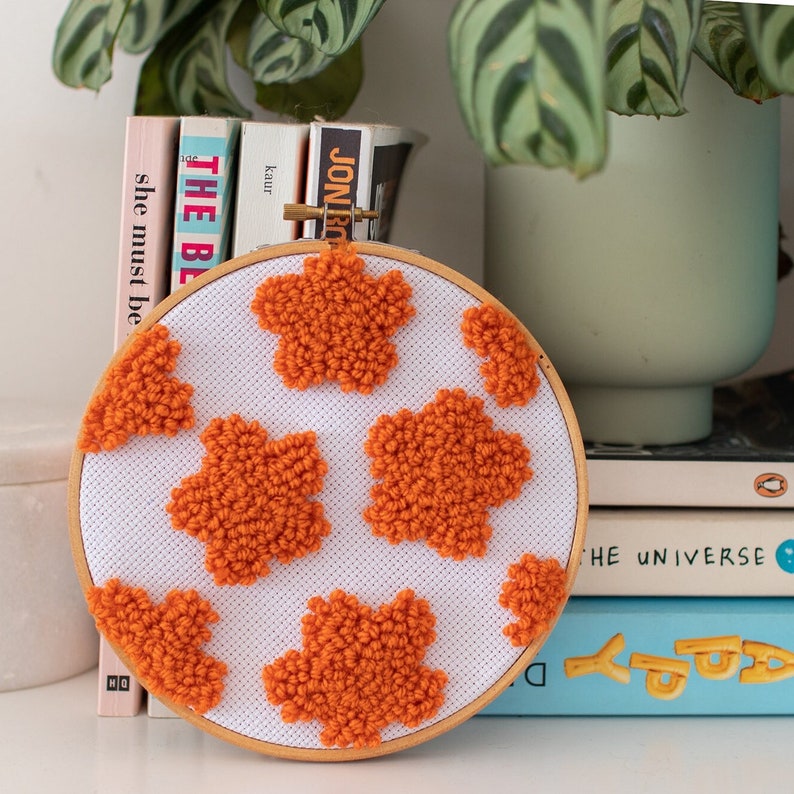 IMPERFECT orange flower punch needle wall hanging / tufted wall hanging / retro 60s home decor / hoop art / Mothers Day image 1
