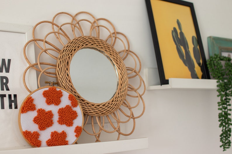 IMPERFECT orange flower punch needle wall hanging / tufted wall hanging / retro 60s home decor / hoop art / Mothers Day image 4