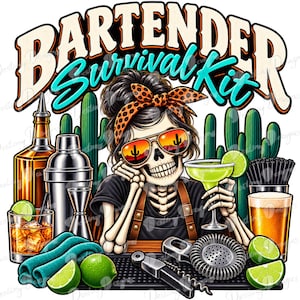 Könnte beinhalten: Eine grafische Illustration eines Skeletts mit einem Leopardenmuster-Stirnband und einer Sonnenbrille, mit dem Text "BARTENDER Survival Kit" darüber. Die Szene zeigt einen Cocktailshaker, ein Bierglas, eine Margarita, Limetten und Barwerkzeuge.