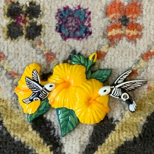 Pollinator Series- 2 Hummingbirds Yellow Hibiscus, Hand Painted Wall hanging